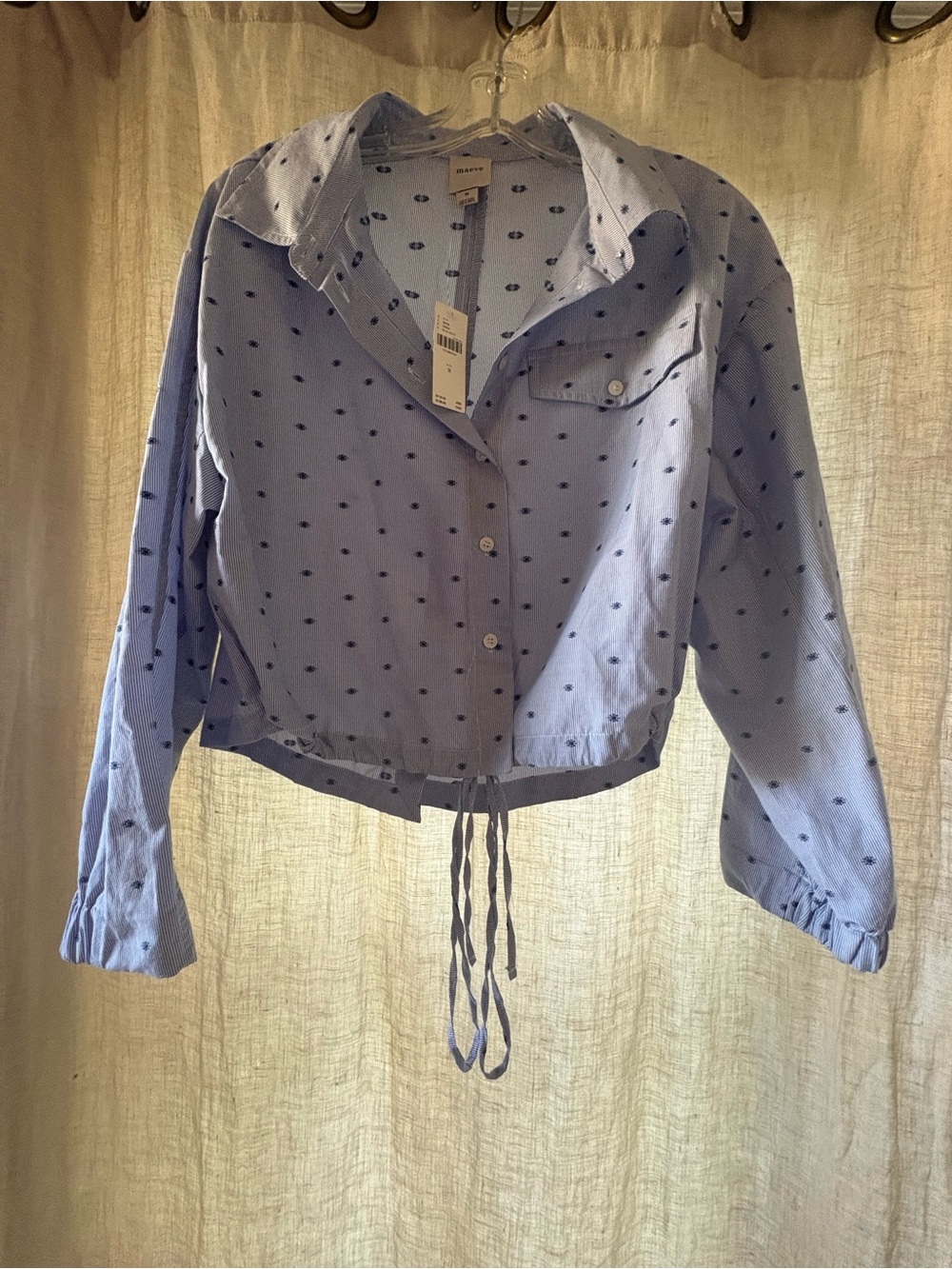 Maeve Light Blue Cropped Utility top with Navy Dot Print